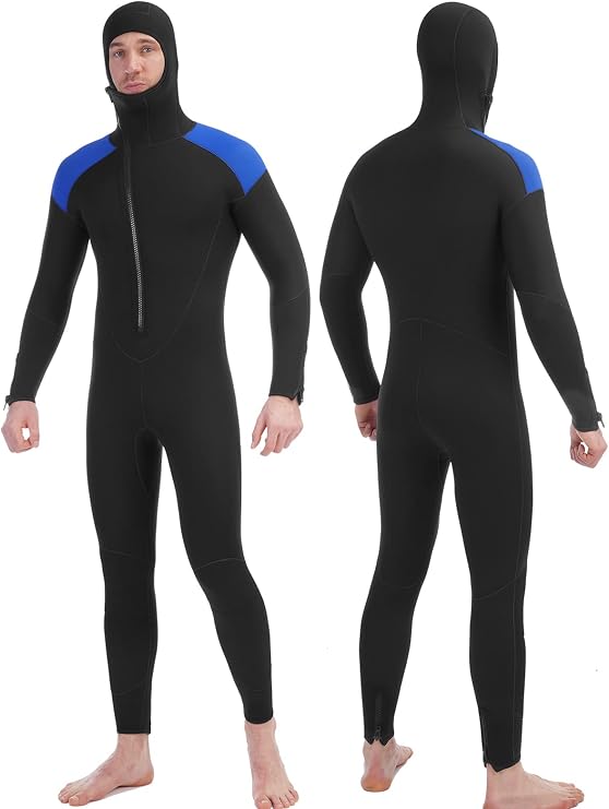 5mm Neoprene Men Wetsuit with Hooded Full Body One Piece Thermal Spearfishing Wet Suits Front Zipper Cold Water Keep Warm for Surfing Swimming Diving Snorkeling