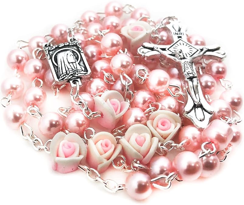 Angelic Pink Rose Rosary Beads Catholic for Women - Catholic Gifts - Rosary Necklace for Women