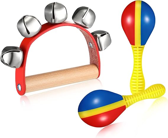 3 Pieces Tambourine Maracas Set Wooden Hand Sleigh Bells Tambourine Bell Maracas Shaking Rattle Musical Instrument Set