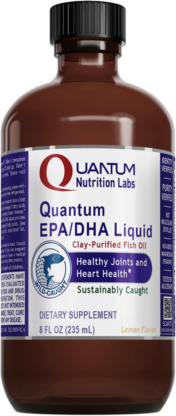 Quantum Nutrition Labs EPA/DHA Liquid - Omega 3 Fish Oil Liquid, Omega 3 Liquid Fish Oil Supplement for Adults, Joint, Heart, Brain Health Support - 8 Fl Oz Bottle