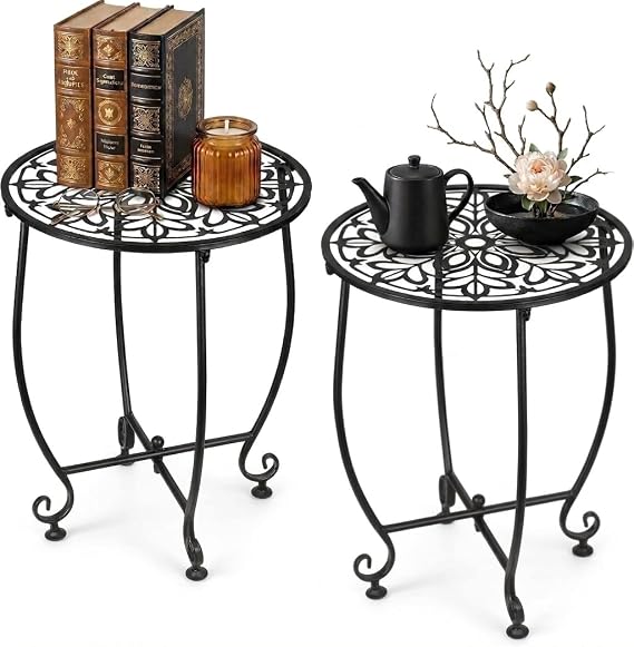 2 Pack Outdoor Side Table for Small Spaces, 14 Inch Patio Side Table,Plant Stand,Round Metal End Table Anti-Rust Waterproof Accent Table for Patio,Yard Porch Balcony Garden