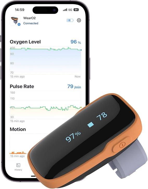 Vibeat Wearable Pulse Oximeter Continuous Tracking Bluetooth Oxygen Meter | Bluetooth blood oxygen monitor / High accuracy recording / Free App & PC report / Patent ring sensor