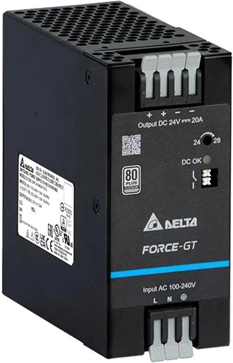 Delta DRF-24V480W1GTA Force-GT Industrial DIN Rail Power Supply, 24V DC 20A Output, 480W, 90-264V AC Input, 95% Efficiency
