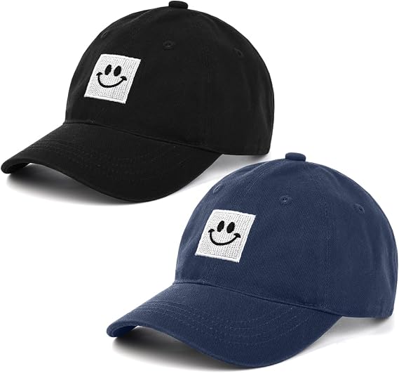 LCZTN 2 Pack Kids Smiley Face Baseball Cap for Girls Boys,Adjustable Washed Cotton Baseball Hat with Ponytail