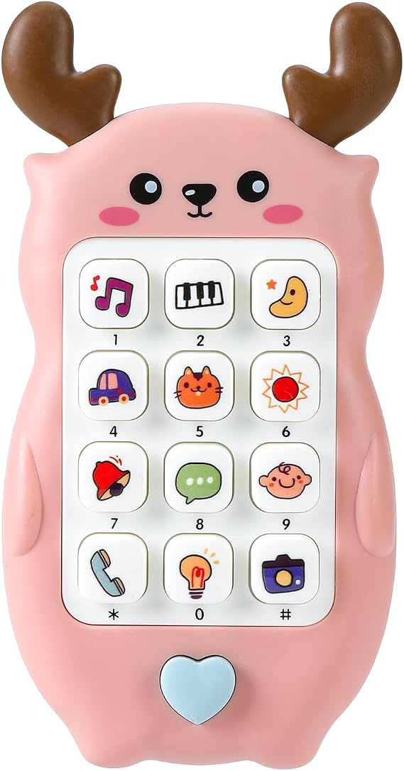 Pretend Play Kids Toy Phone for Toddlers - Interactive Musical Learning Smartphone with Buttons & Animal Sounds, Educational Role Play Gift for Boys Girls (Pink Raindeer)
