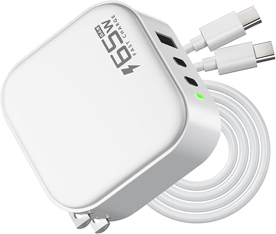 VUOHOEG 65W GaN USB C Charger 3-Port, Charge Laptop Phone Tablet Simultaneously, Fast Wall Charger for MacBook Air M1/M2/M3, iPhone 17/16, iPad Pro, Galaxy S24, Dell XPS, with Cable, White