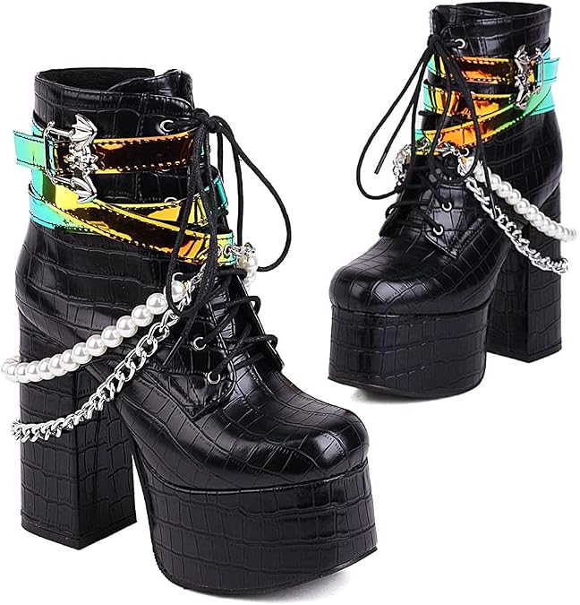 SaraIris Women's Platform Boots Chunky High Heel Lace-up Ankle Boots with Chain and Pearl Black Punk Goth Boots