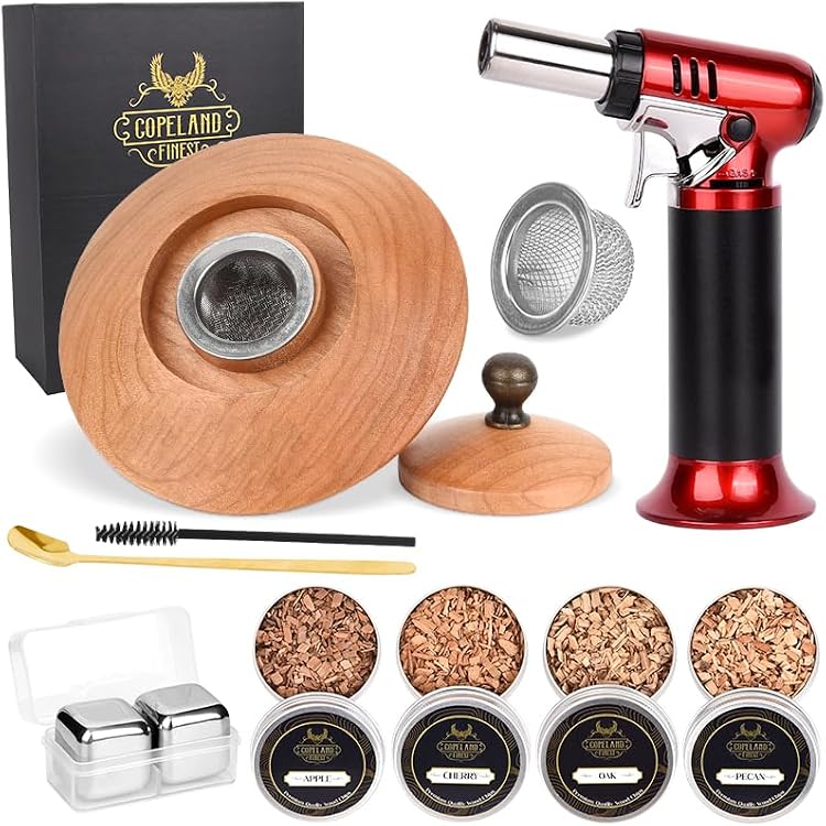 Cocktail Whiskey Smoker Kit, Old Fashioned Drink Smoker Infuser with 4 Wood Chips, Whiskey Smoker Kit with Torch, Gift for Whiskey Cocktail Lover, Men, Dad, Husband, Boyfriend, Friend No Butane