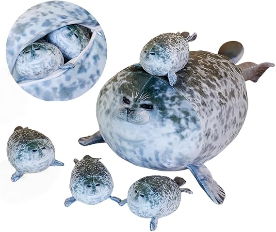 19.6Inch Chubby Blob Seal Pillow CuteSeal Plush with 4 Baby Seal Plushies in Her Tummy Soft Stuffed Cotton Plush Animal Toy Gift for Kids