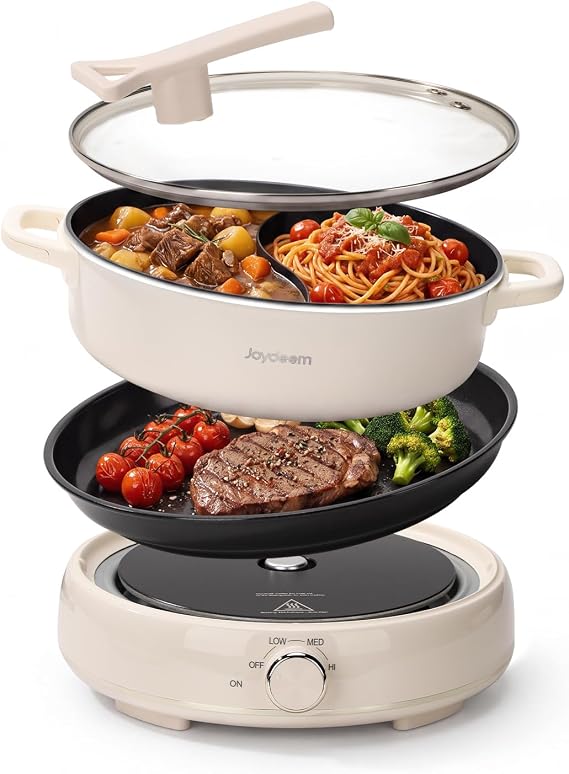Joydeem 6.3qt Electric Hot Pot with Divider & Grill Plate, Dual-Flavor Shabu Shabu Pot, Multi-Function Hot Pot for Boil, Grill, Fry & Stew, 3 Power Settings, Detachable Nonstick Ceramic Pot