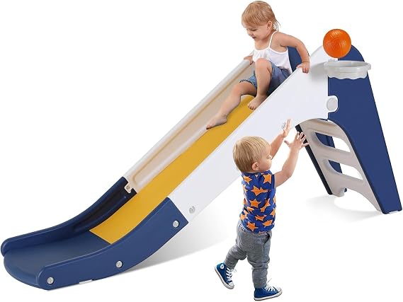 Toddler Indoor Slide, Foldable Baby Climber Playset with Basketball & Hoop | 63 in Extra Long Slope, Non-Slip Steps, Sturdy Plastic, Outdoor Playground for Backyard, Home & Playroom Use, Dark Blue