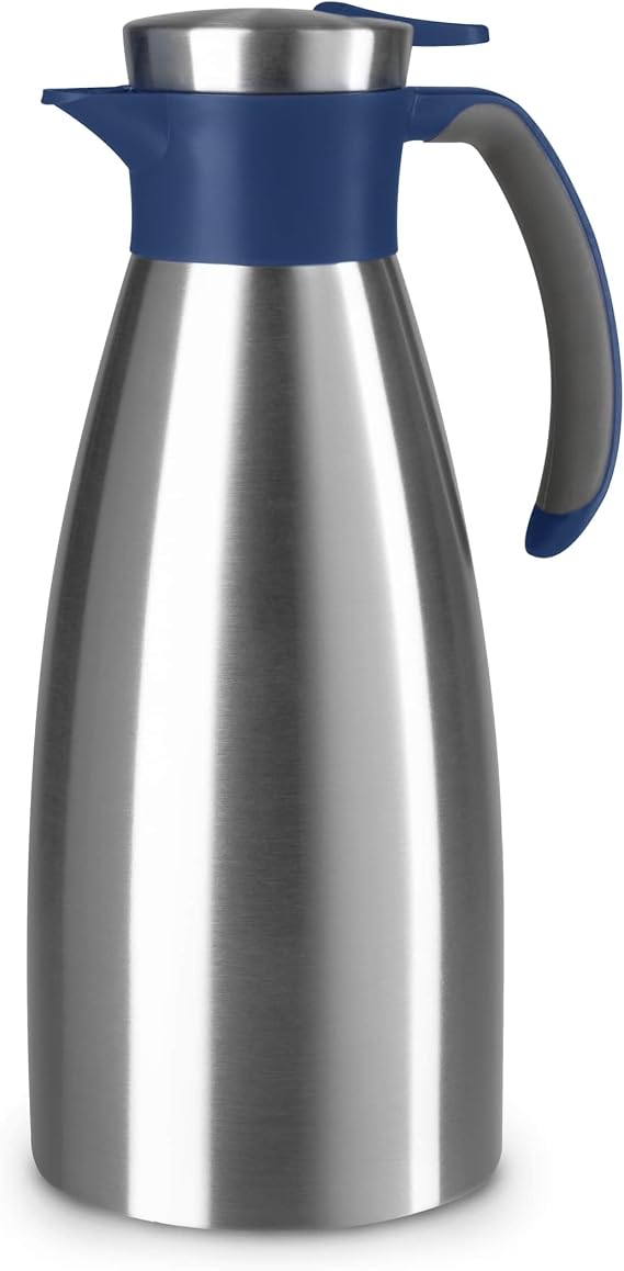 Emsa Soft Grip Insulated Jug 1.5 Litres Stainless Steel 12 Hours Hot + 24 Hours Cold Leak-Proof Non-Slip Handle Blue N4120400