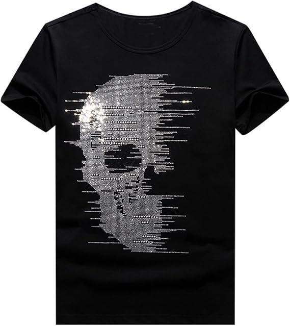HZCX FASHION Mens Rhinestone Skull Graphic Shirt Round Collar Short Sleeve Tees