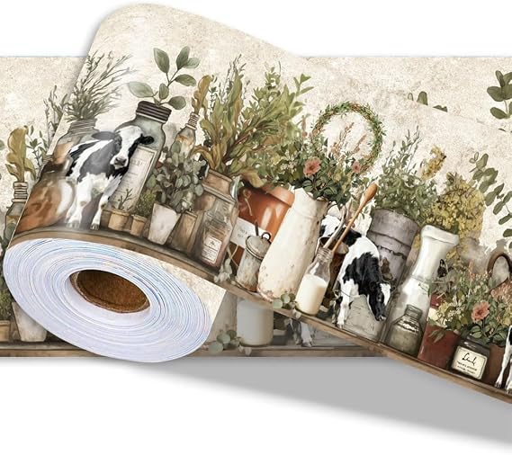 Farmhouse Wallpaper Border Wall Border Trim Peel and Stick 197 x 4 Inch Cattle Floral Jar Pattern PVC Decorative Molding Stickers for Bathroom Laundry Kitchen Backsplash Home Decoration