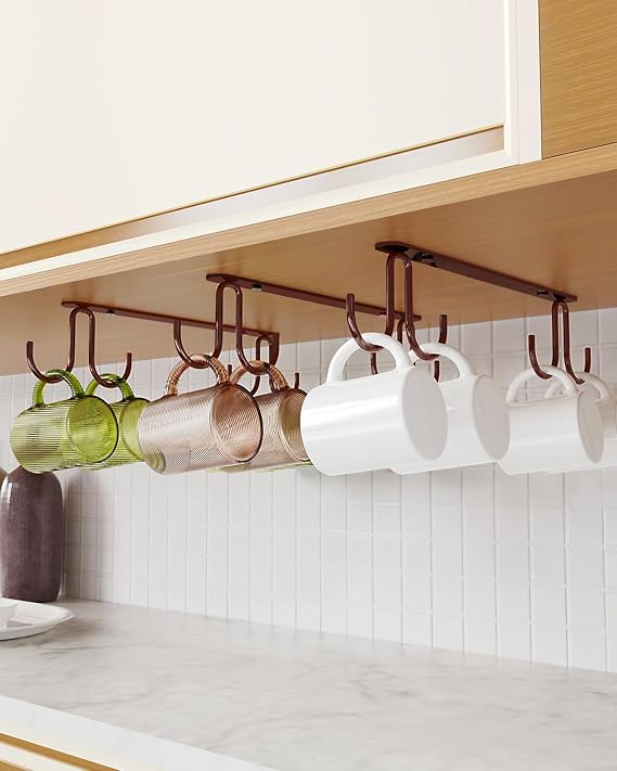 Luckinow Mug Hooks Under Cabinet 3 Pack, Coffee Cup Hooks for Hanging Under Shelf, Mug Organizer Rack with 12 Hooks for Displaying Mugs, Coffee Cups and Kitchen Utensils, Brown