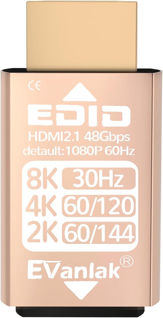 EVanlak HDMI EDID Emulator Adapter Dummy Plug, Virtual Display Headless Ghost HDMI Passthrough 1080P@60Hz to 8K@30Hz, Bi-Directional, Gold - 1 Pack