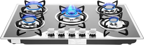 30 Inch Gas Cooktop, 5 Burners Built-In Stove Top Stainless Steel, LPG/NG Convertible Stove Dual Fuel Sealed Gas Hob Tempered Glass Kitchen Gas Cooker Stove,Built-In Gas Stove Top Of Stainless Steel
