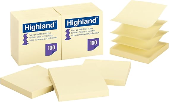 Highland Pop-up Sticky Notes, 3 x 3 Inches, Yellow, 12 Pack (6549-PUY)