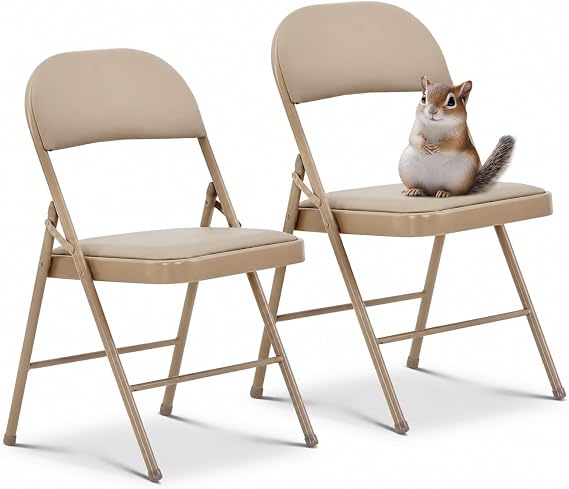 Oline Vinyl Folding Chairs, Padded Vinyl Cushion Chairs with Durable Metal Frame, Indoor Outdoor Stackable Foldable Guest Chairs for Office Wedding Kitchen Dining, 300lb Capacity (Khaki, 2 Pack)