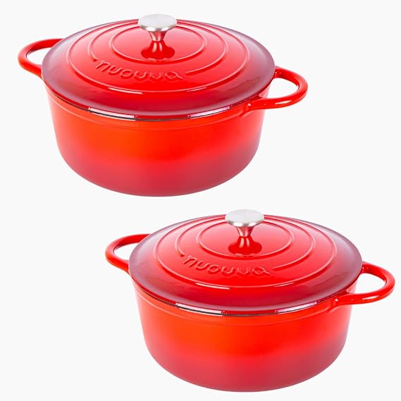 Nuovva Cast Iron Enamelled Casserole Dish Bundle with Lids 24cm (5 Quart) & 30cm (7.3 Quart) Dutch Oven Pots Ovenproof, Durable & Easy to Clean