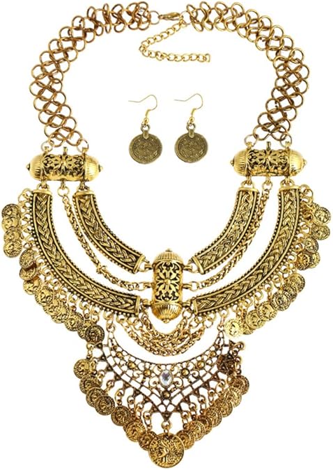 Fashion Bib Bohemian Statement Necklace and Earrings Punk Ethnic Style Jewelry Set for Women