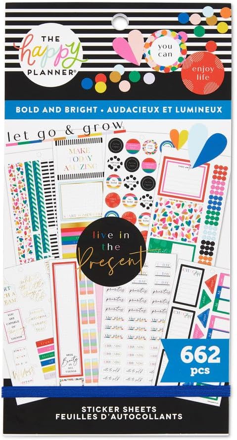 The Happy Planner Sticker Pack for Calendars, Journals and Projects Multi-Colour, Easy Peel Scrapbook Accessories Bold & Bright Theme 30 Sheets, 662 Stickers Total