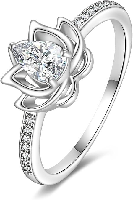 TIGER RIDER Lotus Ring Sterling Silver for Women Cubic Zircon Lotus Flower Rings Yoga Ring Lotus Jewelry Birthday for Mom Wife Friends