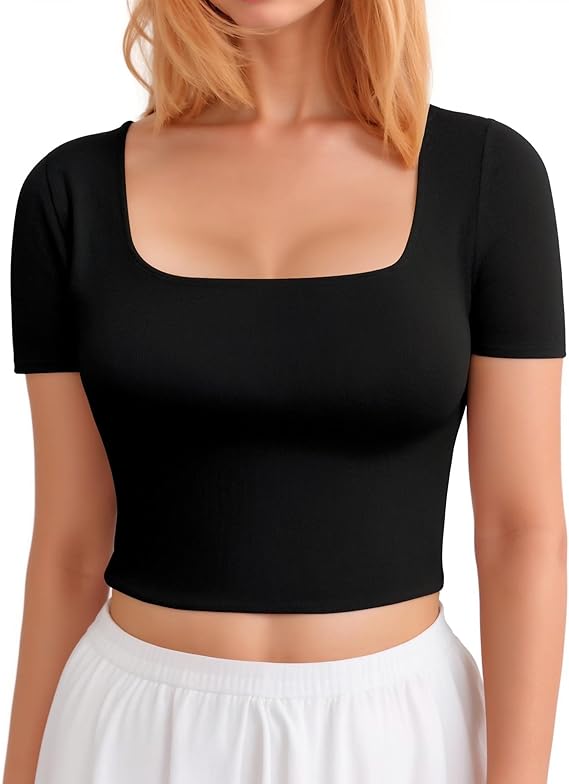 CLOZOZ Short Sleeve Square Neck Crop Tops for Women Basic Slim Fit Cropped T-Shirt