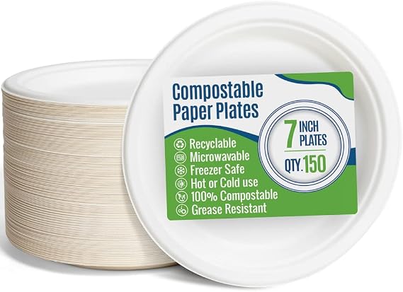 White Paper Plates, 7 Inch, 150 Count - Food Grade Sugar Cane Fiber, Compostable & Biodegradable, Microwavable, Hot & Cold Resistant, Heavy Duty Disposable Plates Bulk