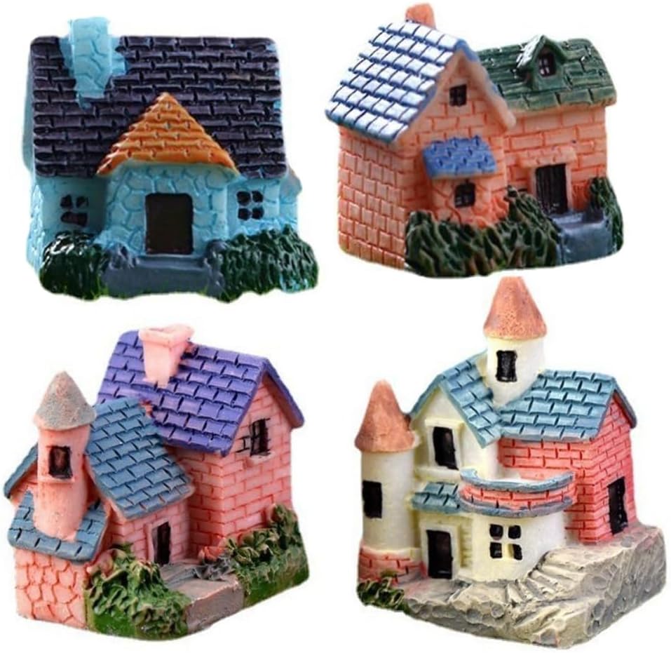 Leadigol 4pcs Miniature Fairy Garden House,Miniature Garden Landscape Desk Ornaments Yard Bonsai Resin Landscape Mini Fairy Houses DIY Villa Decor