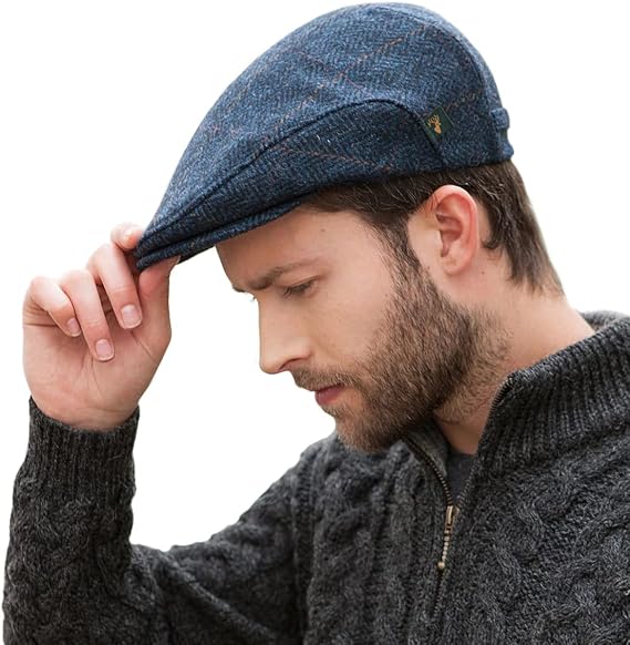 Mucros Weavers Irish Trinity Flat Cap, Irish Hat for Men, Newsboy Hat (X-Large, Col 34 Blue Herringbone)