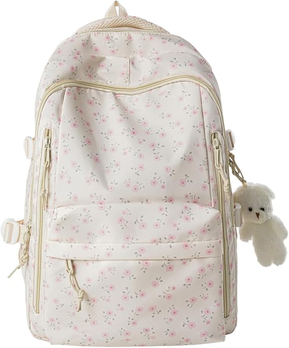 TIAASTAP Aesthetic School Backpack Cute School Bags for Girls Floral Print Preppy Back Pack Coquette Schoolbag for Teenage College Primary Secondary Middle (Pink)