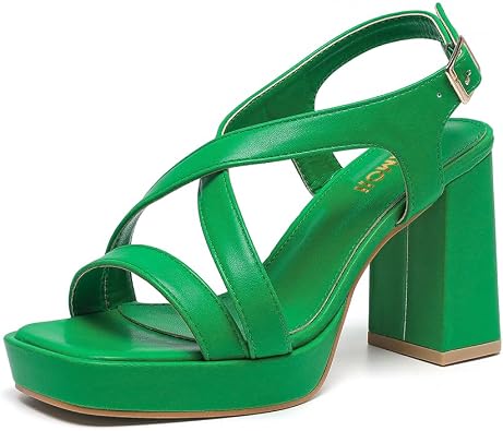 Amoji Women 4 Inch Block Heels Platform Cross Strap Chunky Heeled Sandals 318
