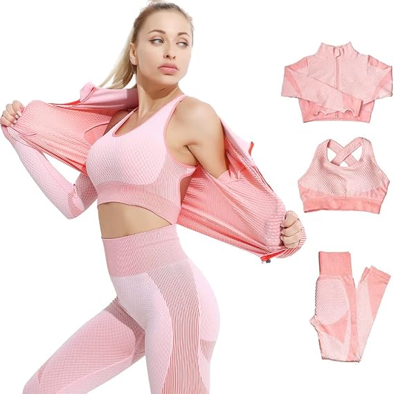 Women's 3pcs Seamless Outfits Workout Sets,Gym Clothes Yoga Sportswear Leggings and Stretch Sports Bra Gym Set