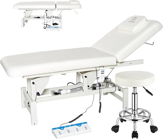 Electric Massage Table for Esthetician with 2 Motors,Electric Lift Facial Chair,Massage Bed with Hand and Foot Remote, 660 LBS Treatment Table with Hydraulic Stool for Facial, Spa, Salon (White)