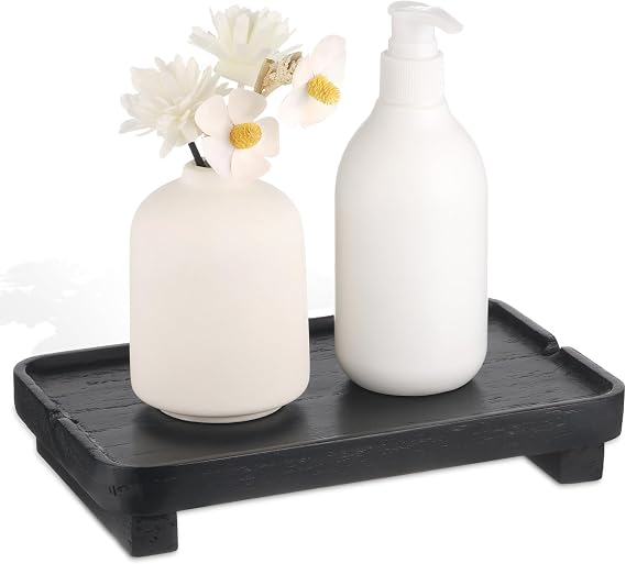 Wood Riser Small Decorative Tray Sink Soap Dish, Vanity Tray Pedestal Stand 9 x 5.9 inches (Black)
