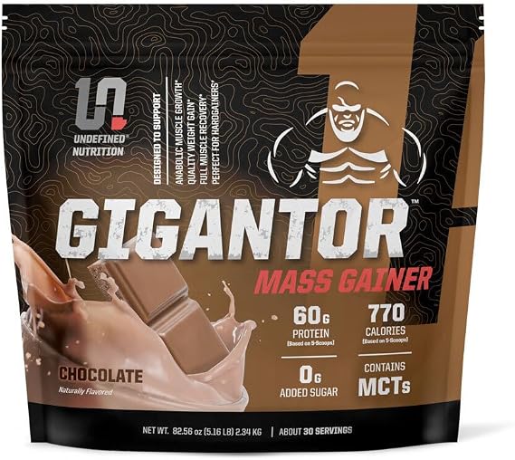 Undefined Nutrition Gigantor Mass Gainer by Brian Shaw (60g Protein, 30 Servings, up to 790 Quality Calories) Hardcore Hard Gainer Formula with 5- Phase Protein Blend (5.16 lbs, Chocolate)