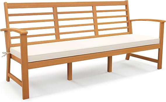 Tangkula 64 Inch Patio Acacia Wood Bench, 3-Seat Extra Long Chair with Cushion, Slatted Seat & Backrest, 3-Person Outdoor Wood Bench for Backyard, Porch, Balcony & Garden