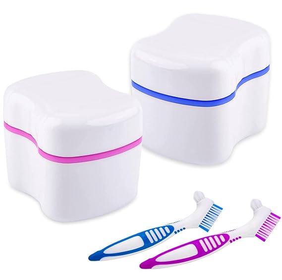 BTwood Denture Bath Kit Includes 2 Denture Bath Cups, 2 Denture Cleaner Brushes, and 2 Strainer Baskets Ideal for Dentures, Retainers, and Mouthguards
