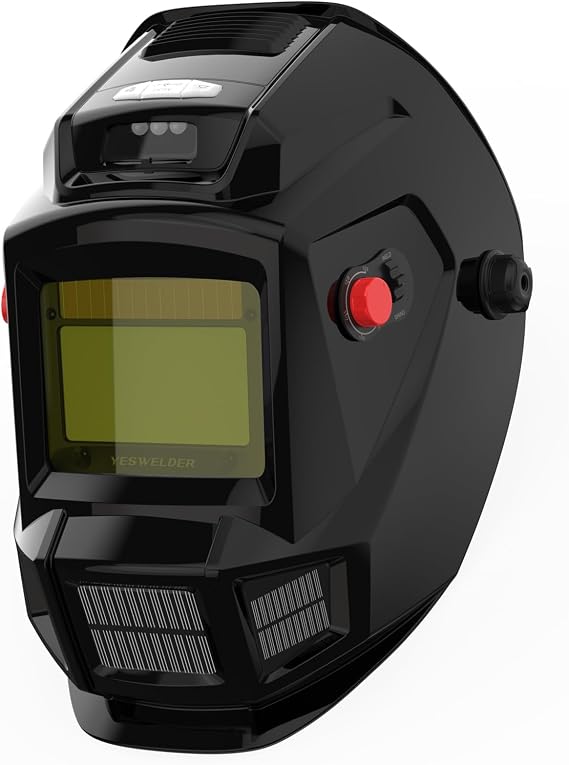 YESWELDER Auto-Darkening Welding Helmet, Fan and Work Light | four arc sensors, true-color optics, blue light blocking outer lens, adjustable shade settings