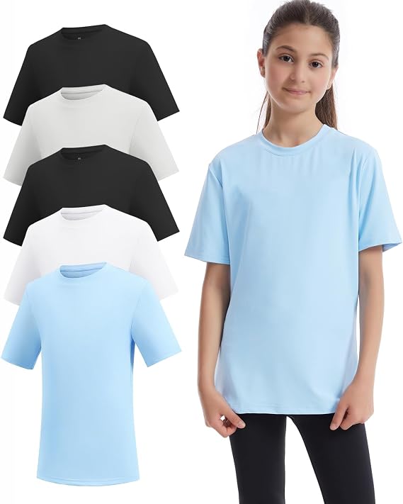 5 Packs Girls Athletic Shirts Short Sleeve Active T-Shirts Dry Fit, Sports Workout Shirts for Kids Teens