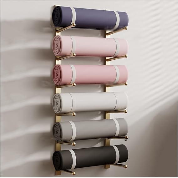 Wall Mount Gym Wall Yoga Mat Rack, 6/9-Tier Foam Roller Holder for Towel/Exercise Pads Display, Sports Equipment Hanging Storage Holder with Tilting Bar(Gold,H155CM-9 Tier)