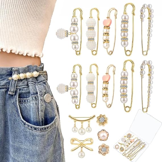 15 PCS Pearl Brooch Pins,Safety Pins for Pant Waist Tightener,Charms for Socks Safety Pins, Pearl Rhinestones Brooches for Clothing Dress Skirt Cardigan Collar Scarves Jackets