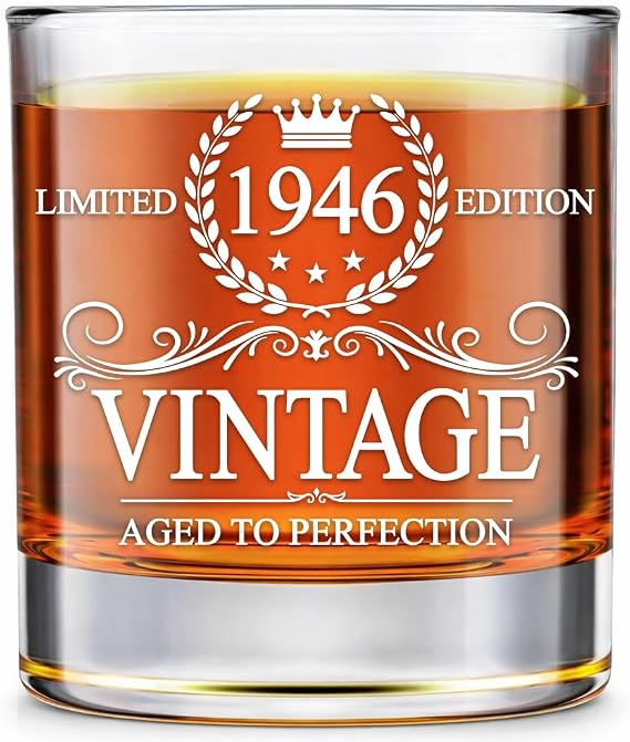 GLAKEUN 80th Birthday Gifts For Men - Fathers Day Gift 80th Birthday Decorations - 1946 Vintage Whiskey Glass - Gifts For 80 Year Old Man - 1946 Bday Gift For Him - 80th Years Old Whiskey Glasses
