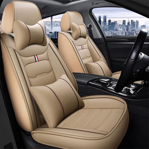 Car Seat Covers for 3 Series Full Set Front+Rear Premium Waterproof Faux Leather Cushion Accessories MH51 Beige