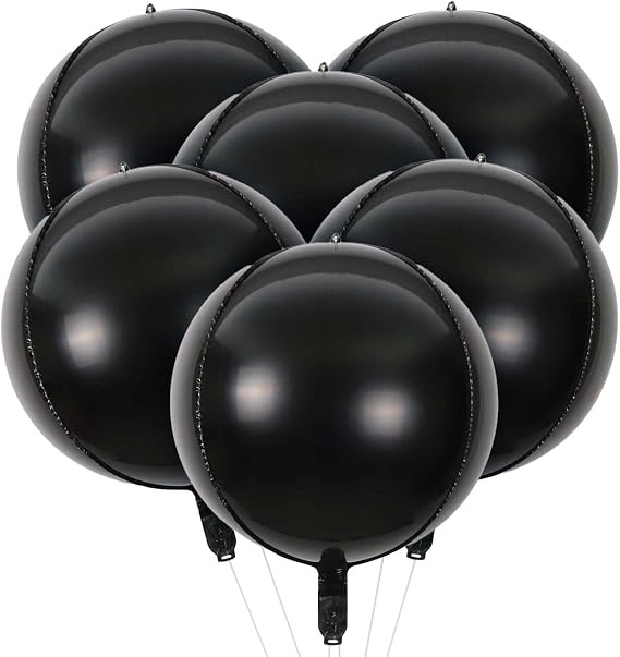 HOUSE OF PARTY 4D Sphere Balloons Pack of 6 - Black Grad Foil Balloons 22 Inches | Mirror Finish Mylar Balloons for Graduation Decorations 2024