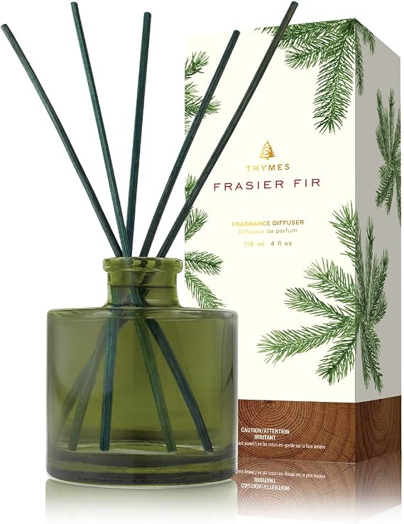 Thymes Frasier Fir Reed Diffuser Set Includes Reeds, Fragrance Oil, and Frosted Glass Bottle Fragrance Oil Diffuser Room Fresheners Luxury Home Decor Green (Heritage, 4 fl oz)