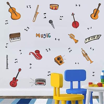 TOARTi Colorful Music Wall Decal 34pcs, Attractive Musical Instrument with Guitar Piano Musical Note Sticker for Classroom Music Studio Decoration