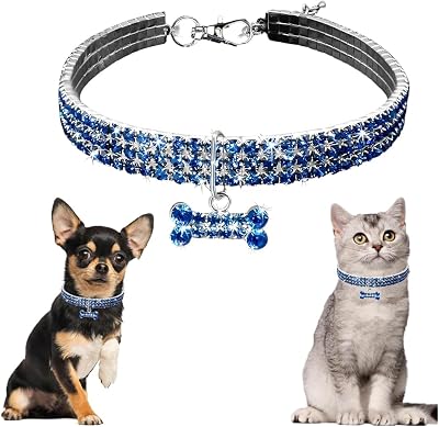 Blue Dog Necklaces for Small Dogs, Sparkly Diamond Male Cat Collar with Crystal Jeweled Diamond Bone Pendant Bling Dog Jewelry for Puppy Small Dogs Boy Cats