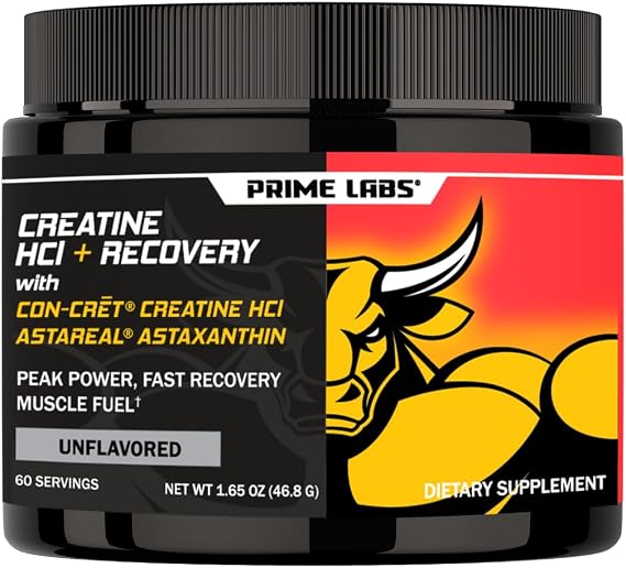 Prime Labs Creatine HCl Powder with AstaReal Astaxanthin | 750 Mg CON-CRET Creatine HCl + 6 Mg AstaReal Astaxanthin, Bloat-Free Strength & Recovery, 60 Servings